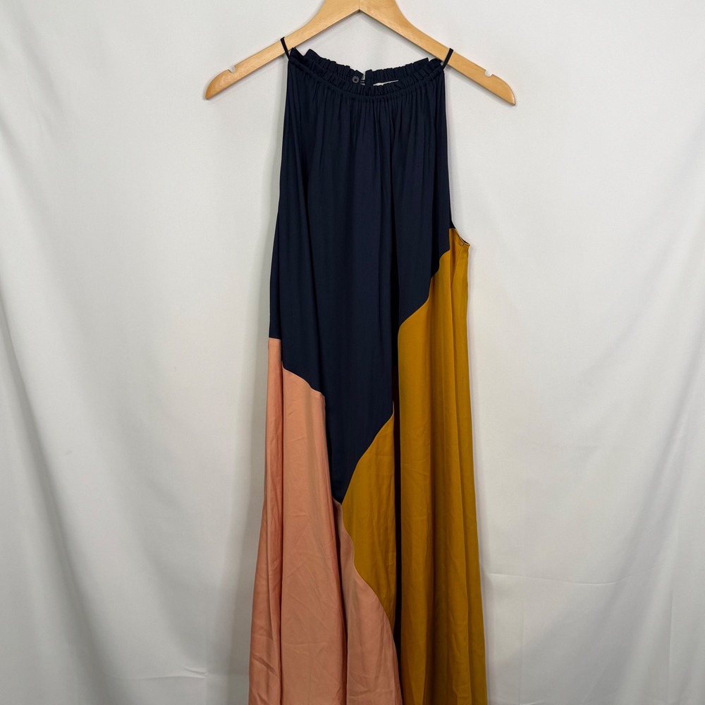 Loft Womens Colorblock Halter Midi Dress Navy Blue Mustard Peach Size M NEW - Picture 5 of 9